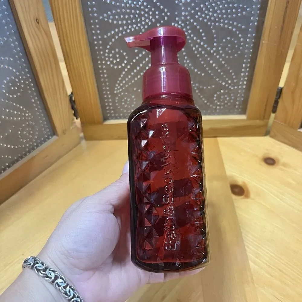 Bath & Body Works Glass Foaming Soap Holder Dispenser Pump Red Bathroom Decor